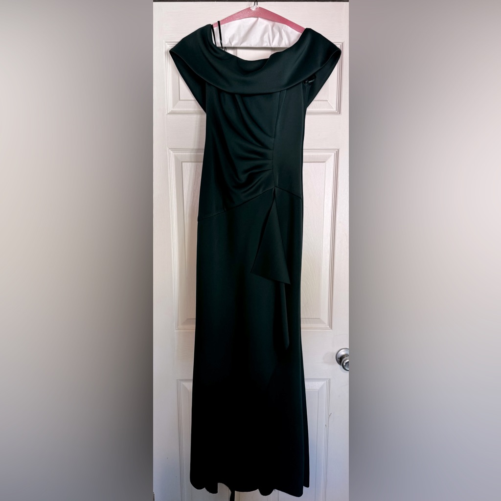 Xscape Ruffled Off The Shoulder Evening Gown In Hunter Green